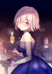 Rule 34 | 1girl, bare shoulders, bison cangshu, blue dress, blurry, blurry background, blush, breasts, champagne flute, commentary request, cup, depth of field, dress, drink, drinking glass, earrings, fate/grand order, fate (series), gloves, grey gloves, hair between eyes, half gloves, highres, holding, holding cup, jewelry, large breasts, looking at viewer, looking to the side, mash kyrielight, mash kyrielight (chaldea dinnertime), night, official alternate costume, outdoors, parted lips, pink hair, pleated dress, purple eyes, railing, short hair, smile, solo, strapless, strapless dress, stud earrings