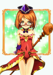 Rule 34 | 1girl, angela (seiken densetsu 3), arms behind back, blush, breasts, brown hair, choker, closed mouth, collarbone, cosplay, earrings, embarrassed, glasses, gloves, gluteal fold, hat, jewelry, leotard, looking at viewer, medium hair, ookubo rumi, precure, purple choker, purple gloves, purple hat, rectangular eyewear, red leotard, seiken densetsu, seiken densetsu 3, semi-rimless eyewear, shirabe ako, small breasts, solo, staff, standing, strapless, strapless leotard, suite precure, thigh gap, tomo5656ky, under-rim eyewear, voice actor connection, yellow eyes