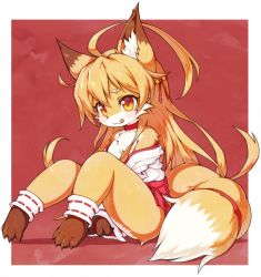 Rule 34 | 1girl, ahoge, animal ears, body fur, borrowed character, brown eyes, copyright request, female focus, fox, fox ears, fox tail, full body, furry, furry female, gradient background, japanese clothes, orange hair, red background, solo, tail, tongue, tsuji