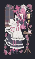 Rule 34 | 1girl, :o, ahoge, black background, black footwear, bonnet, book, bow, cookie, dress, flower, food, frilled dress, frills, high heels, highres, lantern, long sleeves, mogmogyasai, original, pink bow, pink eyes, pink hair, pink ribbon, ribbon, small stellated dodecahedron, solo, stellated octahedron, table, window