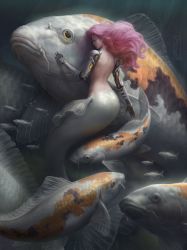 Rule 34 | 1girl, absurdres, animal, bare back, carp, closed mouth, commentary, completely nude, english commentary, closed eyes, fins, fish, floating hair, from behind, hand up, highres, huge filesize, koi, kotikomori, long hair, mechanical arms, mermaid, monster girl, nude, original, oversized animal, pink hair, profile, school of fish, single mechanical arm, submerged