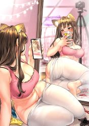 Rule 34 | 1girl, animal ears, ass, bra, breasts, brown eyes, brown hair, butt crack, cleavage, curvy, female pubic hair, highres, huge ass, large breasts, long hair, meowx25, pubic hair, pubic hair peek, selfie, solo, tagme, tail, thick thighs, thighs, underwear, wide hips