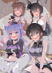 Rule 34 | 4girls, absurdres, ahoge, animal collar, animal ears, aqua eyes, arms between legs, bare arms, bare shoulders, belt, black hair, blush, bow, bowtie, braid, breasts, brown hair, cat ears, cat tail, cleavage, closed eyes, collar, collarbone, controller, crop top, cropped hoodie, dog ears, game controller, grey shirt, hair between eyes, hair ornament, hairclip, high collar, highres, hip vent, hololive, hood, hoodie, inugami korone, inugami korone (loungewear), kuno (kc9s), large breasts, long hair, midriff, multicolored hair, multiple girls, navel, nekomata okayu, nekomata okayu (1st costume), ookami mio, ookami mio (street), oozora subaru, oozora subaru (work), open mouth, panties, pants, panty peek, pinstripe pattern, pinstripe shirt, playing games, purple eyes, purple hair, shirt, short shorts, shorts, sitting, sleeveless, sleeveless turtleneck, smile, smok (hololive), spread legs, streaked hair, striped, suspender shorts, suspenders, sweatpants, tail, taut clothes, taut shirt, thighhighs, translation request, turtleneck, underwear, v arms, virtual youtuber, white belt, wolf ears