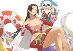 Rule 34 | 1girl, ao tsukushi, black hair, blue eyes, blush, boa hancock, breasts, cleavage, cleavage cutout, clothing cutout, crossed legs, dress, earrings, forked tongue, highres, jewelry, large breasts, long hair, looking at viewer, one piece, open mouth, print shirt, print skirt, red shirt, red skirt, salome (one piece), shirt, simple background, sitting, skirt, skull, snake, snake earrings, solo, tongue