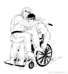Rule 34 | 2boys, bara, barefoot, cheek press, dougi, forked eyebrows, full body, greyscale, headband, heads together, highres, ken masters, male focus, monochrome, multiple boys, muscular, muscular male, pectoral cleavage, pectorals, ryu (street fighter), short hair, sideburns, sitting, sitting on lap, sitting on person, street fighter, sweatdrop, thick eyebrows, thick thighs, thighs, topless male, wheelchair, yaoi, yuiofire