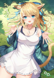 Rule 34 | 1girl, animal ears, warrior of light (ff14), bare legs, blonde hair, blue bow, blue eyes, blush, bow, breasts, cat ears, cat tail, cleavage, coat, commentary request, dandelion, dress, earrings, facial mark, final fantasy, final fantasy xiv, flower, grass, green coat, hair bow, hair up, hands up, highres, jewelry, large breasts, looking at viewer, lying, miqo&#039;te, necklace, on back, open clothes, open coat, open mouth, outdoors, ponytail, retsuto, shadow, smile, spaghetti strap, tail, tree, white dress