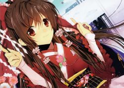 Rule 34 | 1girl, absurdres, adapted costume, alternate costume, bow, brown hair, flower, hair ornament, hair ribbon, hair tubes, hakurei reimu, highres, japanese clothes, kimono, long hair, looking at viewer, manyako (mohumohu), red eyes, ribbon, scan, smile, solo, touhou, traditional clothes