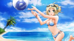 Rule 34 | 1girl, ahoge, aizawa inori, ball, barefoot, beach, bikini, bracelet, breasts, cloud, collateral damage studios, day, drill hair, eyewear on head, green eyes, greenteaneko, hair ornament, highres, internet explorer, jewelry, medium breasts, navel, o-ring, o-ring bottom, ocean, official art, official wallpaper, open mouth, os-tan, outdoors, palm tree, personification, side ponytail, sky, solo, sunglasses, swimsuit, tree, wallpaper, water