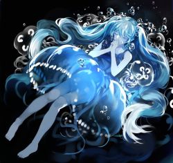 Rule 34 | 1girl, aqua hair, bare legs, bare shoulders, barefoot, bubble, bubble skirt, dress, closed eyes, hatsune miku, jellyfish, long hair, own hands clasped, own hands together, ran (bukeranwu), skirt, solo, submerged, twintails, underwater, very long hair, vocaloid, water