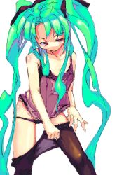 Rule 34 | 1girl, clothes pull, green hair, lowres, oekaki, panties, pantyhose, pantyhose pull, solo, twintails, underwear, vector (artist)