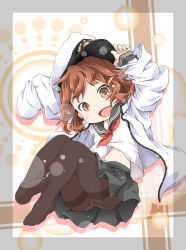 Rule 34 | 10s, 1girl, ayuya naka no hito, brown eyes, brown hair, fang, full body, hair ornament, hairclip, hand on headwear, hat, highres, ikazuchi (kancolle), jacket, kantai collection, looking at viewer, navel, neckerchief, open clothes, open jacket, open mouth, panties, panties under pantyhose, pantyhose, peaked cap, school uniform, serafuku, short hair, skirt, sleeves past wrists, smile, solo, underwear
