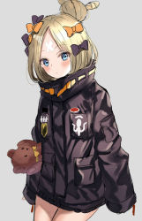 Rule 34 | 1girl, abigail williams (fate), abigail williams (traveling outfit) (fate), bad id, bad twitter id, bandaid, bandaid on face, bandaid on forehead, blonde hair, blue eyes, blush, bow, commentary request, cowboy shot, crossed bandaids, fate/grand order, fate (series), grey background, hair bow, hair bun, harimoji, jacket, long sleeves, looking at viewer, multiple hair bows, official alternate costume, simple background, single hair bun, solo, stuffed animal, stuffed toy, teddy bear