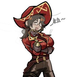 Rule 34 | 1girl, belt, black pants, breasts, brown belt, genderswap, genderswap (mtf), gold trim, gregor (project moon), hand up, hat, highres, hook hand, jacket, large breasts, limbus company, looking at viewer, pants, pirate, pirate hat, project moon, qingy7441, red hat, red jacket, red sweater, solo, sweater, twinhook pirates (identity) (project moon), wing collar