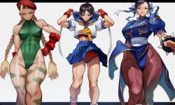 Rule 34 | 1girl, abs, absurdres, ahoge, bare arms, bare shoulders, beret, biceps, black hair, blonde hair, blue dress, blue skirt, bracelet, braid, breasts, brown eyes, brown hair, brown pantyhose, bun cover, cammy white, camouflage, capcom, china dress, chinese clothes, chun-li, closed mouth, covered collarbone, covered navel, double bun, dress, earrings, eyebrows, eyeshadow, facial scar, fighting stance, gauntlets, gloves, green leotard, hair bun, hand on own hip, hat, headband, highleg, highleg leotard, highres, jewelry, kasugano sakura, large breasts, leotard, letterboxed, lips, long hair, looking at viewer, makeup, medium breasts, midriff, multiple girls, muscular, muscular female, navel, open mouth, panties, pantyhose, pink panties, pleated skirt, puffy short sleeves, puffy sleeves, purple eyes, red footwear, red gloves, sash, scar, scar on cheek, scar on face, school uniform, serafuku, shoes, short hair, short sleeves, simple background, skirt, sleeveless, smile, solo, spiked bracelet, spikes, standing, street fighter, thick thighs, thighs, twin braids, twintails, underwear, white headband, yellow neckwear, yoshio (55level)