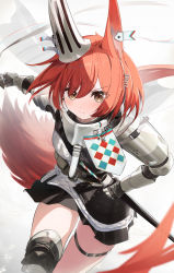 Rule 34 | 1girl, animal ears, arknights, arm guards, armor, belt, belt pouch, black skirt, blush, brown eyes, closed mouth, flametail (arknights), hair between eyes, hand on sheath, highres, holding, holding sword, holding weapon, knee pads, long hair, looking at viewer, mask, mask around neck, miniskirt, nokke o, pleated skirt, pouch, red hair, simple background, single thighhigh, skirt, solo, squirrel ears, squirrel girl, squirrel tail, sword, tail, thigh belt, thigh strap, thighhighs, unsheathed, v-shaped eyebrows, very long hair, weapon, white background, white thighhighs