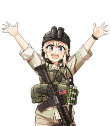 Rule 34 | 1girl, :d, american flag, arms up, assault rifle, belt pouch, blonde hair, blue eyes, camouflage, commentary request, cowboy shot, desert camouflage, eotech, gun, helmet, load bearing vest, m4 carbine, meme, military, military operator, military uniform, night-vision device, open mouth, operator-chan, original, outstretched arms, pocket, pouch, radio, rifle, shino (r shughart), short hair, simple background, smile, solo, uniform, upper body, vertical forward grip, watch, weapon, white background