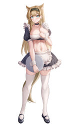 Rule 34 | 1girl, absurdres, alternate costume, animal ears, apron, aqua eyes, arknights, black footwear, black hairband, black skirt, blonde hair, blush, breasts, cleavage, commentary, crop top, enmaided, frilled apron, frills, full body, gongbangmanchi (daisy cutter), hairband, highres, holding, holding tray, horn (arknights), large breasts, long hair, looking at viewer, maid, mary janes, midriff, miniskirt, navel, puffy short sleeves, puffy sleeves, shoes, short sleeves, skirt, solo, standing, stomach, thighhighs, tray, very long hair, waist apron, white apron, white thighhighs, wolf ears, wrist cuffs, zettai ryouiki