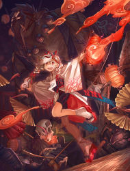 Rule 34 | 1girl, :d, bad id, bad pixiv id, bike shorts, black sash, braid, clog sandals, highres, holding, jumping, lantern, long sleeves, looking at viewer, obi, okobo, open mouth, original, paper lantern, red eyes, red footwear, sandals, sash, shichigatsu, smile, solo, twin braids, twintails, wide sleeves