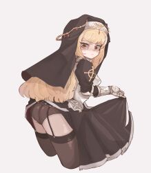 Rule 34 | 1girl, absurdres, angelica (brown dust), armor, armored dress, black panties, blonde hair, blunt bangs, breasts, brown dust, closed mouth, clothes lift, commission, cropped legs, dress, dress lift, gauntlets, habit, highres, hwaryeok, long hair, medium breasts, nun, orange eyes, panties, shaded face, solo, thigh strap, thighhighs, underwear, white background