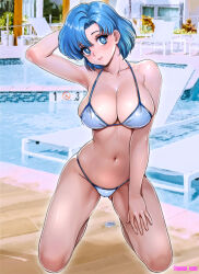 1girl bikini bishoujo_senshi_sailor_moon blue_bikini blue_eyes blue_hair breasts cleavage collarbone highres large_breasts looking_at_viewer mizuno_ami navel oyaman sailor_mercury smile solo swimsuit