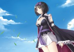 Rule 34 | 1girl, arms at sides, black dress, black hair, blue sky, blunt bangs, bow, breasts, cape, cleavage, cloud, cloudy sky, cowboy shot, crying, day, detached collar, detached sleeves, dress, eyebrows, frilled sleeves, frills, from side, hair bow, hairband, highres, hime cut, japanese clothes, large breasts, leaf, legs together, lolita fashion, long sleeves, looking away, miniskirt, motion blur, official art, open mouth, parted bangs, purple bow, purple eyes, sad, sash, shining (series), shining blade, short hair, skirt, sky, sleeves past wrists, solo, strapless, tears, thighs, tony taka, tube top, wa lolita, white skirt, wide sleeves, yukihime
