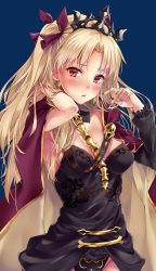 Rule 34 | 1girl, asymmetrical sleeves, black leotard, blonde hair, blue background, blush, cape, commentary, detached collar, earrings, ereshkigal (fate), fate/grand order, fate (series), hair ribbon, head tilt, highres, hoop earrings, jewelry, leotard, long hair, marisasu (marisa0904), nail polish, open mouth, parted bangs, red cape, red eyes, red ribbon, ribbon, simple background, single sleeve, skull, solo, spine, tiara, tohsaka rin, twintails, two side up, uneven sleeves