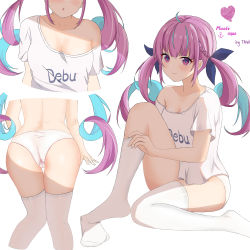 Rule 34 | 1girl, absurdres, ahoge, anchor, artist name, ass, black ribbon, blue hair, blush, braid, breasts, cameltoe, character name, cleavage, closed mouth, clothes writing, collarbone, colored inner hair, commentary request, hair ribbon, heart, highres, hololive, knee up, looking at viewer, medium breasts, minato aqua, multicolored hair, multiple views, no pants, no shoes, off shoulder, panties, purple eyes, purple hair, ribbon, shirt, short sleeves, simple background, single bare shoulder, sitting, smile, takeawatch, thigh gap, thighhighs, thighhighs pull, twintails, two-tone hair, underwear, underwear only, upper body, virtual youtuber, white background, white panties, white shirt, white thighhighs