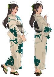 Rule 34 | 1girl, absurdres, ahoge, alternate costume, brown hair, commentary request, floral print, full body, green ribbon, hair ribbon, highres, japanese clothes, kantai collection, kimono, long hair, looking at viewer, mamiya (kancolle), multiple views, ojipon, red eyes, ribbon, sandals, simple background, smile, white background, white kimono, yukata, zouri