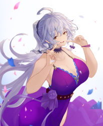 Rule 34 | 1girl, absurdres, ahoge, bare shoulders, blush, braid, breasts, cleavage, collarbone, dress, granblue fantasy, highres, large breasts, long hair, looking at viewer, nos, open mouth, petals, ponytail, purple dress, silva (granblue fantasy), silver hair, simple background, smile, twin braids, very long hair, wavy hair, yellow eyes