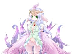 Rule 34 | 1girl, animal ears, armlet, bird ears, bird legs, bird tail, bmp-to-png conversion, breasts, cleavage, crown, dress, eyeshadow, feathered wings, feathers, green dress, green eyes, harpy, large breasts, long hair, looking at viewer, lucretia (mon-musu quest!), makeup, mon-musu quest!, monster girl, non-web source, pink eyeshadow, pink feathers, pink wings, purple feathers, purple hair, single hair tube, smile, solo, tail, tail raised, transparent background, very long hair, winged arms, wings