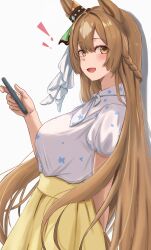 ! !! 1girl :d animal_ears breasts brown_eyes brown_hair cellphone commentary from_side hair_between_eyes highres holding holding_phone horse_ears horse_girl large_breasts long_hair looking_at_viewer looking_to_the_side multicolored_hair naname_(nanameee_04) official_alternate_costume open_mouth phone satono_diamond_(umamusume) shirt short_sleeves simple_background skirt smartphone smile solo streaked_hair umamusume white_background white_hair white_shirt yellow_skirt