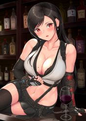 Rule 34 | 1girl, arm guards, arm support, bar (place), black hair, black skirt, bra, breasts, cleavage, clothes pull, cup, drinking glass, elbow gloves, final fantasy, final fantasy vii, final fantasy vii remake, fingerless gloves, gloves, highres, lace, lace-trimmed bra, lace trim, large breasts, long hair, looking at viewer, low-tied long hair, materia, mole, mole on breast, navel, nemunemu semi, shirt pull, skirt, solo, stomach, suspender skirt, suspenders, tank top, tifa lockhart, underwear, white tank top, wine glass