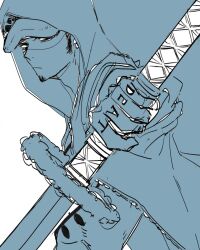 Rule 34 | 1boy, bad id, bad twitter id, blue theme, earrings, facial hair, goatee, hand tattoo, hat, highres, holding, holding sword, holding weapon, hood, hoodie, jewelry, looking at viewer, male focus, one piece, sideburns, simple background, solo, sword, tattoo, trafalgar law, upper body, weapon, wudus6