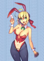 Rule 34 | 10s, 1girl, ahoge, animal ears, bare shoulders, black pantyhose, blonde hair, breasts, card, cleavage, clothing cutout, covered navel, detached collar, fake animal ears, fate/extra, fate (series), green eyes, hair ribbon, large breasts, leotard, looking at viewer, navel, navel cutout, nero claudius (fate), nero claudius (fate) (all), nero claudius (fate/extra), open mouth, pantyhose, playboy bunny, playing card, rabbit ears, ribbon, solo, wrist cuffs, yuksi