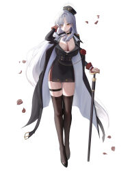 Rule 34 | 1girl, absurdres, black footwear, black hat, black thighhighs, breasts, cleavage, falling petals, flower brooch, full body, grey hair, halo, hand in own hair, hat, highres, holding, holding scepter, large breasts, long hair, looking at viewer, original, petals, poko (poko), scepter, side slit, simple background, standing, thigh strap, thighhighs, very long hair, white background, yellow eyes