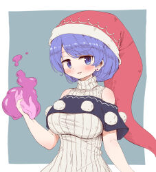 Rule 34 | 1girl, adapted costume, arinu, blob, blue eyes, blue hair, blush, breasts, doremy sweet, dream soul, dress, ear piercing, hat, highres, large breasts, nightcap, open mouth, piercing, pom pom (clothes), red hat, ribbed sweater, short hair, short sleeves, smile, solo, sweater, sweater dress, touhou, upper body, white sweater