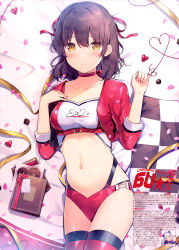 Rule 34 | 1girl, 6u (eternal land), absurdres, black hair, blush, book, breasts, brown eyes, candy, checkered flag, chocolate, chocolate heart, choker, collarbone, cowboy shot, crop top, cropped jacket, flag, food, hair ribbon, hands up, heart, highleg, highres, jacket, long sleeves, looking at viewer, lying, midriff, navel, on back, open clothes, open jacket, original, race queen, red choker, red jacket, red ribbon, red thighhighs, ribbon, ribbon choker, scan, short hair, sidelocks, small breasts, smile, solo, stomach, thighhighs, thighs, translation request