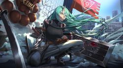 Rule 34 | 1girl, arknights, arm ribbon, black shirt, breasts, female focus, green hair, highres, holding, holding shield, horns, hoshiguma (arknights), hoshiguma (ronin huntress) (arknights), jewelry, long hair, magatama, magatama necklace, makkuro, mask, necklace, official alternate costume, oni, oni mask, ribbon, shield, shirt, single horn, skin-covered horns, smile, solo