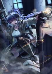 Rule 34 | 1girl, arknights, black shorts, black thighhighs, blue hair, breasts, cleavage, closed mouth, collarbone, commentary request, ear protection, firing, green eyes, green jacket, gun, hair between eyes, headset, highres, holding, holding gun, holding weapon, jacket, jessica (arknights), jessica the liberated (arknights), knee pads, kurosabi neko, long hair, long sleeves, medium breasts, open clothes, open jacket, ponytail, ricocheting, shoes, shorts, solo, thighhighs, very long hair, weapon, white footwear, window