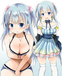 Rule 34 | &gt;:(, 1girl, :d, arm under breasts, arm warmers, bare arms, bare shoulders, bikini, blue background, blue bikini, blue dress, blue eyes, blue hair, blush, breast hold, breasts, cleavage, closed mouth, collarbone, commentary request, covering crotch, covering privates, dress, earrings, flower, frilled bikini, frills, fujisaka lyric, gradient background, gradient dress, hair flower, hair ornament, head tilt, jewelry, long hair, looking at viewer, magia record: mahou shoujo madoka magica gaiden, mahou shoujo madoka magica, medium breasts, minami rena, multiple views, open mouth, pendant, pink flower, pleated dress, smile, striped bikini, striped clothes, striped dress, swimsuit, thighhighs, two side up, v-shaped eyebrows, vertical-striped bikini, vertical-striped clothes, vertical-striped dress, white background, white thighhighs