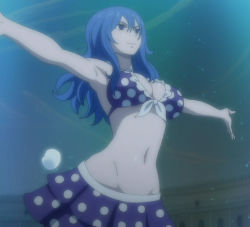 Rule 34 | 1girl, bikini, blue hair, breasts, cleavage, fairy tail, female focus, juvia lockser, large breasts, long hair, navel, screencap, solo, stitched, swimsuit, third-party edit, underwater
