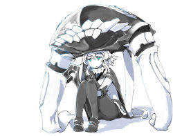 Rule 34 | 10s, 1girl, abyssal ship, cane, cape, collar, colored skin, commentary request, gloves, green eyes, greyscale, kantai collection, hugging own legs, messy hair, monochrome, short hair, short hair with long locks, sitting, solo, tentacles, torichamaru, white hair, white skin, wo-class aircraft carrier