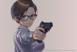 Rule 34 | &gt;:), 1girl, beige background, blue eyes, breasts, brown hair, browning buck mark, closed mouth, commentary request, dress shirt, earrings, finger on trigger, genso, glasses, gun, handgun, holding, holding gun, holding weapon, jewelry, large breasts, laser sight, long sleeves, looking at viewer, original, pistol, red-framed eyewear, shirt, short hair, signature, smile, solo, striped clothes, striped shirt, v-shaped eyebrows, weapon