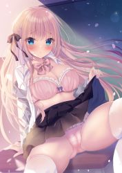 Rule 34 | 1girl, black skirt, blue eyes, blush, bra, braid, breasts, cameltoe, cardigan, chalkboard, cherry blossoms, classroom, cleavage, cleft of venus, clothes lift, collared shirt, desk, detexted, grey cardigan, hair blowing, hair ribbon, highres, large breasts, lifting own clothes, light brown hair, long hair, on desk, open clothes, open shirt, original, panties, pink bra, pink neckwear, pink panties, pleated skirt, ribbon, school desk, school uniform, shibainu niki, shirt, sitting, on desk, skirt, skirt lift, solo, spread legs, thighhighs, thighs, third-party edit, underwear, white shirt, white thighhighs