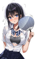 Rule 34 | 1girl, black hair, black skirt, blue eyes, blush, bracelet, breasts, cleavage, collarbone, collared shirt, commentary request, hand fan, highres, holding, holding fan, hot, jewelry, looking at viewer, medium breasts, open clothes, open mouth, open shirt, original, paper fan, pleated skirt, school uniform, see-through, see-through shirt, shirt, short sleeves, simple background, skirt, sports bra, sweat, uniform, white background, white shirt, yukemuriganmo
