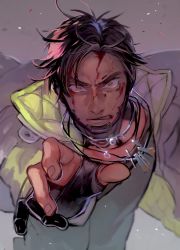 Rule 34 | 1boy, apex legends, black eyes, black gloves, black hair, black shirt, blood, blood on face, clenched teeth, crypto (apex legends), floating clothes, floating hair, gloves, grey background, grey jacket, highres, jacket, jewelry, kawaniwa, male focus, necklace, partially fingerless gloves, red pupils, shirt, solo, teeth, veins