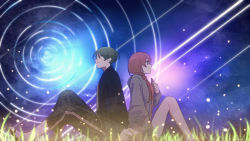 Rule 34 | 1boy, 1girl, bare legs, black jacket, blue sky, braid, brown hair, commentary request, full body, grass, grey sweater, hand on own chest, holding hands, interlocked fingers, jacket, light particles, looking away, nebula, night, night sky, nocturnal kids (vocaloid), profile, purple eyes, purple sky, red hair, rozu ki, sandals, shooting star, short hair, sitting, sky, smile, star trail, sweater, twitter username, vocaloid