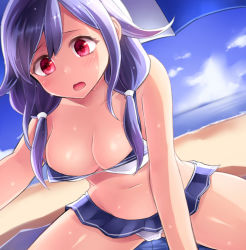Rule 34 | 10s, 1girl, adapted costume, beach, between legs, bikini, blue hair, blue sky, breasts, cleavage, cloud, commentary request, day, downblouse, hair over shoulder, hair tie, hand between legs, kantai collection, large breasts, leaning forward, long hair, low twintails, navel, neit ni sei, ocean, open mouth, outdoors, red eyes, sand, shadow, sidelocks, sitting, sky, solo, sweat, swimsuit, taigei (kancolle), twintails, umbrella
