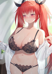 Rule 34 | 1girl, alexmaster, azur lane, bare shoulders, black bra, black panties, black ribbon, blush, bra, breasts, cleavage, collarbone, hair ribbon, honolulu (azur lane), large breasts, long hair, long sleeves, looking to the side, navel, off shoulder, open clothes, open mouth, open shirt, panties, red eyes, red hair, ribbon, shirt, solo, thighs, twintails, underwear, white shirt