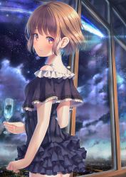 Rule 34 | 1girl, absurdres, bad id, bad pixiv id, black capelet, black dress, blush, brown hair, capelet, cloud, cowboy shot, cup, dress, highres, holding, holding cup, huge filesize, indoors, layered dress, looking at viewer, night, original, red eyes, short dress, short hair, sky, solo, star (sky), starry sky, unwitherer, window